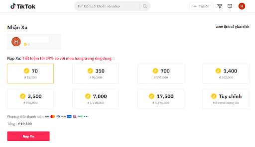 Bạn truy cập vào giao diện nạp xu TikTok từ link hướng dẫn